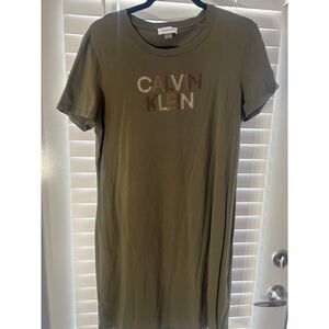 Calvin Klein Womens Size L Olive Green Studded Logo T Shirt Dress